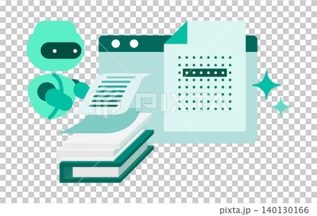 大量の紙の書類やデータをOCR変換で電子化しスキャンするRPAのAIキャラクターのイラスト 140130166