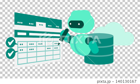 AI character illustration for RPA that automatically inputs data from the cloud into Excel or spreadsheets to create documents. AI character illustration for RPA that automatically inputs data from the cloud into Excel or spreadsheets to create documents. 140130167