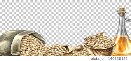 Frame - border with an image of soybean oil. Bottle of oil in a burlap bag and wooden utensils. Hand-drawn watercolor illustration. For labels, packaging, and more. Frame - border with an image of soybean oil. Bottle of oil in a burlap bag and wooden utensils. Hand-drawn watercolor illustration. For labels, packaging, and more. 140130183