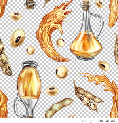 Seamless pattern with soybean oil. Hand-drawn watercolor illustration. Bottles of oil, soybeans, pods, and oil splashes. Perfect for textiles, labels and prints, decor, packaging, and more. Seamless pattern with soybean oil. Hand-drawn watercolor illustration. Bottles of oil, soybeans, pods, and oil splashes. Perfect for textiles, labels and prints, decor, packaging, and more. 140130185