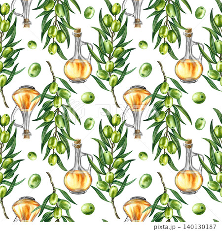 Seamless pattern with olive branches and oil in beautiful bottles. Hand-drawn watercolor illustration. For textiles, labels and prints, decor, wallpaper, packaging, and more. 140130187