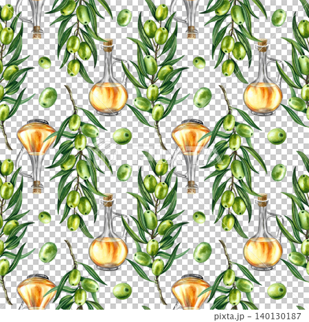 Seamless pattern with olive branches and oil in beautiful bottles. Hand-drawn watercolor illustration. For textiles, labels and prints, decor, wallpaper, packaging, and more. 140130187