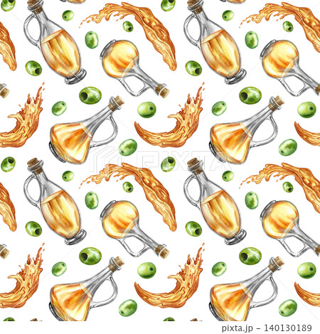 Seamless pattern with beautiful olive oil bottles. Hand-drawn watercolor illustration. Perfect for textiles, labels and prints, decor, wallpaper, packaging, and more. Seamless pattern with beautiful olive oil bottles. Hand-drawn watercolor illustration. Perfect for textiles, labels and prints, decor, wallpaper, packaging, and more. 140130189
