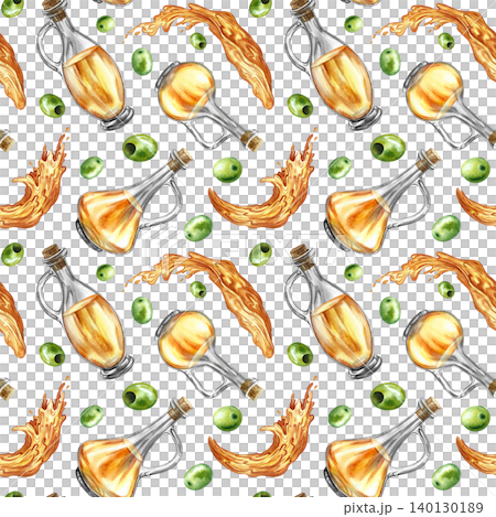 Seamless pattern with beautiful olive oil bottles. Hand-drawn watercolor illustration. Perfect for textiles, labels and prints, decor, wallpaper, packaging, and more. Seamless pattern with beautiful olive oil bottles. Hand-drawn watercolor illustration. Perfect for textiles, labels and prints, decor, wallpaper, packaging, and more. 140130189