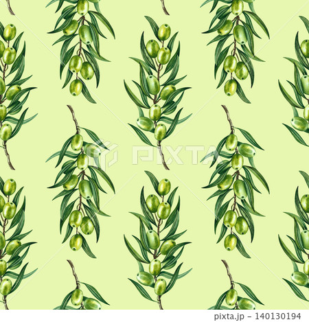 Seamless pattern with olive branches and green fruits and leaves. Hand-drawn watercolor illustration. On a green background. For textiles, labels and prints, decor, wallpaper, packaging, and more. 140130194
