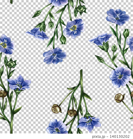 Seamless pattern with blue linen flowers. Hand-drawn watercolor illustration. Perfect for labels and packaging, textiles and decor, as well as for wallpaper, tablecloths, curtains, and more. 140130202