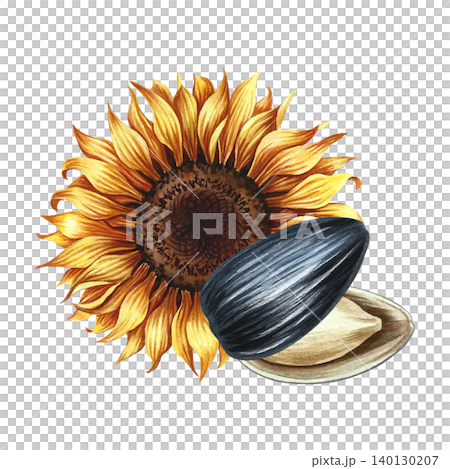 The head of a sunflower flower and its open seed. Hand-drawn watercolor illustration. Element of design for postcards, packaging and labels, posters, banners, and more. The head of a sunflower flower and its open seed. Hand-drawn watercolor illustration. Element of design for postcards, packaging and labels, posters, banners, and more. 140130207