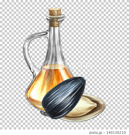 Sunflower oil. Hand-drawn watercolor illustration. Glass bottle of oil and a sunflower seed that has opened. Element of label and packaging design, banners, posters, and more. Sunflower oil. Hand-drawn watercolor illustration. Glass bottle of oil and a sunflower seed that has opened. Element of label and packaging design, banners, posters, and more. 140130210