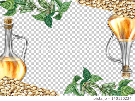 Soy frame. Soy stalks with green pods, a pile of soybeans, and a bottle of oil. Hand-drawn watercolor illustration. For abels, posters, banners, menus, and more. Soy frame. Soy stalks with green pods, a pile of soybeans, and a bottle of oil. Hand-drawn watercolor illustration. For abels, posters, banners, menus, and more. 140130224