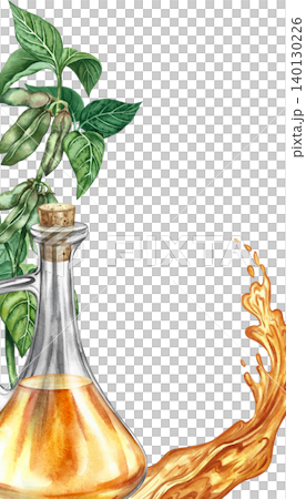 Frame with a picture of soybean oil.. Soybean stalks with green pods, a bottle of oil, and a splash of oil. Hand-drawn watercolor illustration. For labels, and more. Frame with a picture of soybean oil.. Soybean stalks with green pods, a bottle of oil, and a splash of oil. Hand-drawn watercolor illustration. For labels, and more. 140130226