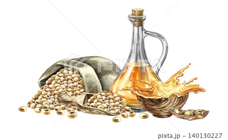 Soybean oil. A glass bottle, soybeans in a burlap bag, and a splash of oil in a cup. A hand-drawn watercolor illustration. For menus, recipes, and cookbooks. For banners, packaging, labels, and more. Soybean oil. A glass bottle, soybeans in a burlap bag, and a splash of oil in a cup. A hand-drawn watercolor illustration. For menus, recipes, and cookbooks. For banners, packaging, labels, and more. 140130227