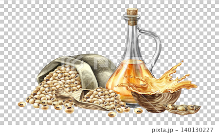 Soybean oil. A glass bottle, soybeans in a burlap bag, and a splash of oil in a cup. A hand-drawn watercolor illustration. For menus, recipes, and cookbooks. For banners, packaging, labels, and more. Soybean oil. A glass bottle, soybeans in a burlap bag, and a splash of oil in a cup. A hand-drawn watercolor illustration. For menus, recipes, and cookbooks. For banners, packaging, labels, and more. 140130227