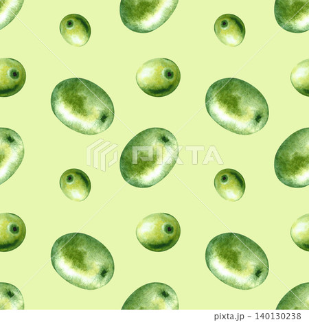 Seamless pattern with green olives. Hand-drawn watercolor illustration. On a green background. Perfect for textiles, labels and prints, decor, packaging, and more. 140130238