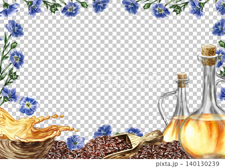 Frame with flax seeds and oil. Hand-drawn watercolor illustration. Glass bottle with flax oil, seeds, flowers, and a splash. Element of label, packaging design, as well as banners, posters, and more. Frame with flax seeds and oil. Hand-drawn watercolor illustration. Glass bottle with flax oil, seeds, flowers, and a splash. Element of label, packaging design, as well as banners, posters, and more. 140130239