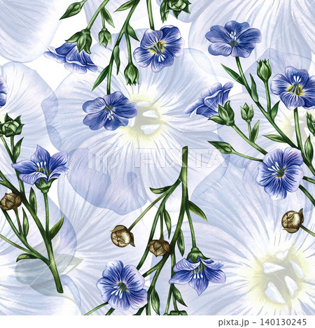 Seamless pattern with blue linen flowers. Hand-drawn watercolor illustration. Perfect for labels and packaging, textiles and decor, as well as for wallpaper, tablecloths, curtains, and more. Seamless pattern with blue linen flowers. Hand-drawn watercolor illustration. Perfect for labels and packaging, textiles and decor, as well as for wallpaper, tablecloths, curtains, and more. 140130245