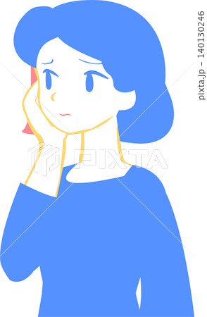頬に手を添える青と黄色の困り顔女性 頬に手を添える青と黄色の困り顔女性 140130246