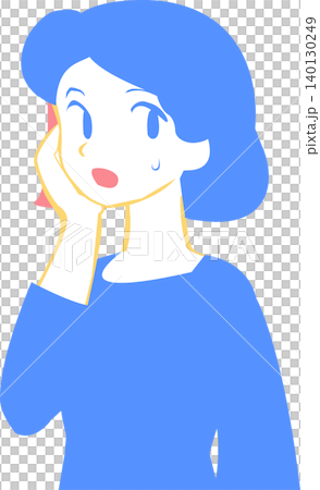 A woman with a blue and yellow face, holding her hand to her cheek, looks anxious. A woman with a blue and yellow face, holding her hand to her cheek, looks anxious. 140130249