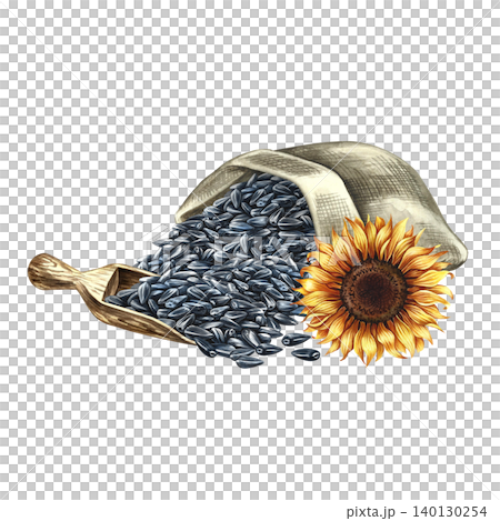 Sunflower seeds in a burlap bag and a wooden scoop. Hand-drawn watercolor illustration. Element of label and packaging design, as well as banners, posters, and more. Sunflower seeds in a burlap bag and a wooden scoop. Hand-drawn watercolor illustration. Element of label and packaging design, as well as banners, posters, and more. 140130254