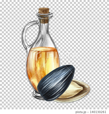 Sunflower oil. Hand-drawn watercolor illustration. Glass bottle of oil and a sunflower seed that has opened. Element of label and packaging design, banners, posters, and more. Sunflower oil. Hand-drawn watercolor illustration. Glass bottle of oil and a sunflower seed that has opened. Element of label and packaging design, banners, posters, and more. 140130261