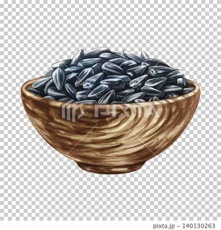 Sunflower seeds in a wooden bowl. Hand-drawn watercolor illustration. Element of label and packaging design, as well as banners, posters, and more. Sunflower seeds in a wooden bowl. Hand-drawn watercolor illustration. Element of label and packaging design, as well as banners, posters, and more. 140130263