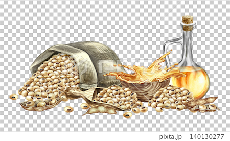 Soybean oil. A glass bottle, soybeans in a burlap bag, and a splash of oil in a cup. A hand-drawn watercolor illustration. For menus, recipes, and cookbooks. For banners, packaging, labels, and more. 140130277