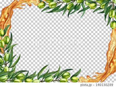Olive oil frame. Hand-drawn watercolor illustration. Oil splashes and olive twigs with green fruits and leaves. For menus, recipes, and cookbooks. For postcards, packaging, labels, and more. 140130289