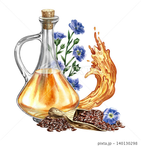 Flaxseed oil. Hand-drawn watercolor illustration. Glass bottle of oil, flax seeds, splash of oil, and flax flowers. Element of label and packaging design, banners, posters, and more. Flaxseed oil. Hand-drawn watercolor illustration. Glass bottle of oil, flax seeds, splash of oil, and flax flowers. Element of label and packaging design, banners, posters, and more. 140130298