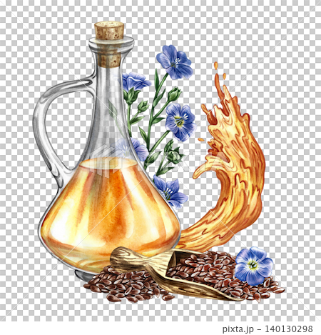 Flaxseed oil. Hand-drawn watercolor illustration. Glass bottle of oil, flax seeds, splash of oil, and flax flowers. Element of label and packaging design, banners, posters, and more. Flaxseed oil. Hand-drawn watercolor illustration. Glass bottle of oil, flax seeds, splash of oil, and flax flowers. Element of label and packaging design, banners, posters, and more. 140130298
