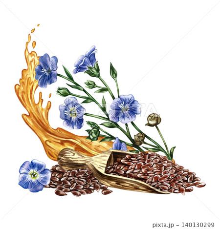 Flaxseed in a wooden scoop, flax flowers, and a splash of oil. Hand-drawn watercolor illustration. Beautiful composition for labels and packaging, as well as banners, posters, and more. 140130299