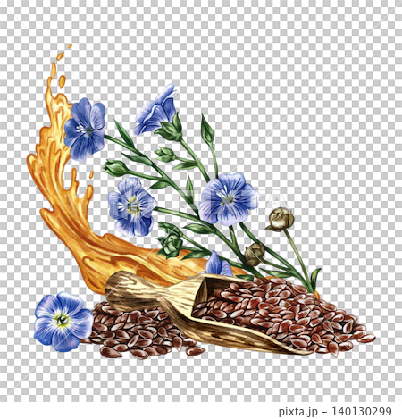 Flaxseed in a wooden scoop, flax flowers, and a splash of oil. Hand-drawn watercolor illustration. Beautiful composition for labels and packaging, as well as banners, posters, and more. 140130299