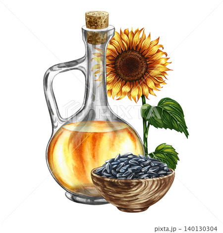 Sunflower oil. Hand-drawn watercolor illustration. Glass bottle of oil, sunflower flower, and a handful of seeds in a wooden bowl. Element of label and packaging design, banners, posters, and more. 140130304