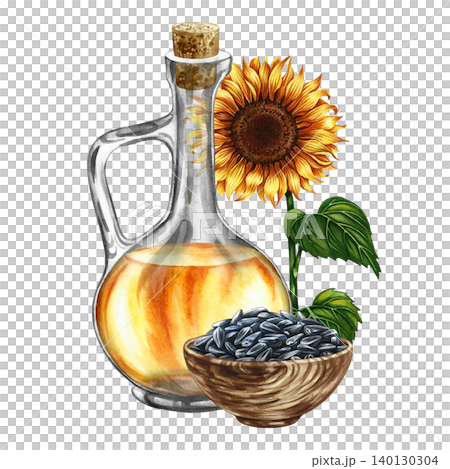 Sunflower oil. Hand-drawn watercolor illustration. Glass bottle of oil, sunflower flower, and a handful of seeds in a wooden bowl. Element of label and packaging design, banners, posters, and more. 140130304