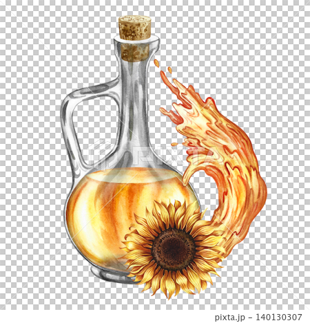Sunflower oil. Hand-drawn watercolor illustration. Glass bottle of oil, sunflower flower, and oil splash. Design element for labels and packaging, banners, posters, and more. Sunflower oil. Hand-drawn watercolor illustration. Glass bottle of oil, sunflower flower, and oil splash. Design element for labels and packaging, banners, posters, and more. 140130307