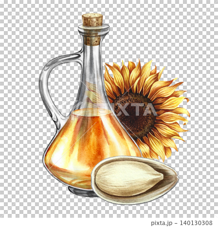 Sunflower oil. Hand-drawn watercolor illustration. Glass bottle of oil, sunflower flower, and its opened seed. Element of label and packaging design, banners, posters, and more. Sunflower oil. Hand-drawn watercolor illustration. Glass bottle of oil, sunflower flower, and its opened seed. Element of label and packaging design, banners, posters, and more. 140130308