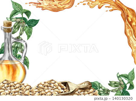 Frame with an image of soybean oil. Soybean stalks with green pods, soybeans in a scoop, and a bottle of oil. Hand-drawn watercolor illustration. 140130320