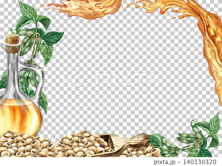 Frame with an image of soybean oil. Soybean stalks with green pods, soybeans in a scoop, and a bottle of oil. Hand-drawn watercolor illustration. 140130320