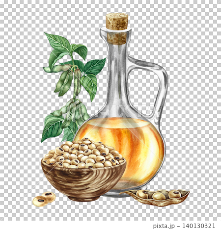 Soybean oil. Glass bottle, soybeans in a wooden cup, and a soy stem with green pods. Hand-drawn watercolor illustration. For menus, recipes, and cookbooks. For banners, packaging, labels, and more. Soybean oil. Glass bottle, soybeans in a wooden cup, and a soy stem with green pods. Hand-drawn watercolor illustration. For menus, recipes, and cookbooks. For banners, packaging, labels, and more. 140130321