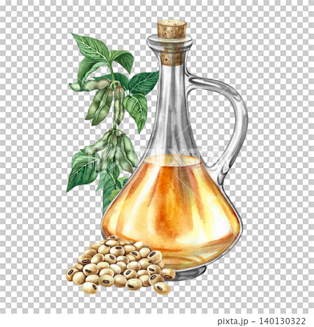 Soybean oil. Glass bottle, a handful of soybeans, and a soy stem with green pods. Hand-drawn watercolor illustration. For menus, recipes, and cookbooks. For banners, packaging, labels, and more. Soybean oil. Glass bottle, a handful of soybeans, and a soy stem with green pods. Hand-drawn watercolor illustration. For menus, recipes, and cookbooks. For banners, packaging, labels, and more. 140130322