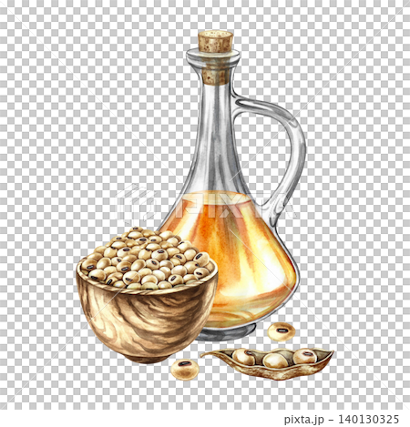 Soybean oil. Glass bottle and soybeans in a wooden cup. Hand-drawn watercolor illustration. For menus, recipes, and cookbooks. For banners, packaging, labels, and more. Soybean oil. Glass bottle and soybeans in a wooden cup. Hand-drawn watercolor illustration. For menus, recipes, and cookbooks. For banners, packaging, labels, and more. 140130325