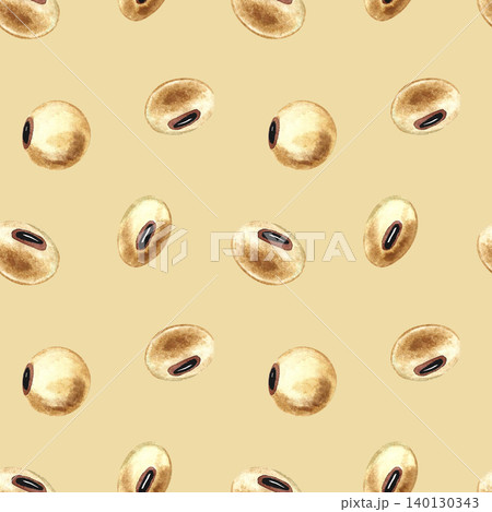 Seamless pattern with soybeans. Hand-drawn watercolor illustration. On a light brown background. Perfect for textiles, labels and prints, decor, packaging, and more. 140130343