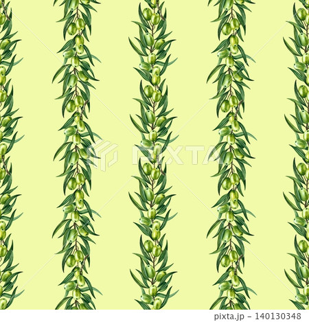 Seamless pattern with olive branches and green fruits and leaves. Hand-drawn watercolor illustration. On a green background. For textiles, labels and prints, decor, wallpaper, packaging, and more. 140130348