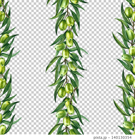 Seamless pattern with olive branches and green fruits and leaves. Hand-drawn watercolor illustration. Perfect for textiles, labels and prints, decor, wallpaper, packaging, and more. 140130354