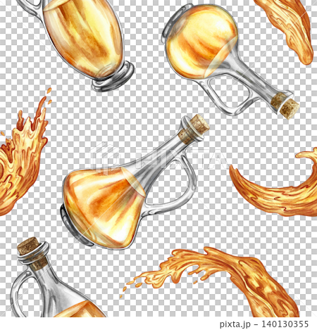 Seamless pattern with beautiful oil bottles and oil splashes. Hand-drawn watercolor illustration. Perfect for textiles, labels and prints, decor, wallpaper, packaging, and more. 140130355
