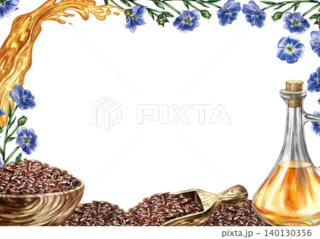 Frame with flax seeds and oil. Hand-drawn watercolor illustration. Glass bottle with flax oil, seeds, flowers, and a splash. Element of label, packaging design, as well as banners, posters, and more. Frame with flax seeds and oil. Hand-drawn watercolor illustration. Glass bottle with flax oil, seeds, flowers, and a splash. Element of label, packaging design, as well as banners, posters, and more. 140130356