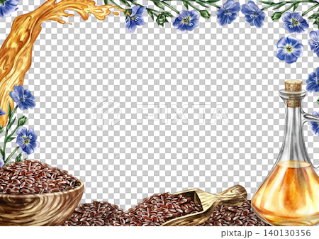 Frame with flax seeds and oil. Hand-drawn watercolor illustration. Glass bottle with flax oil, seeds, flowers, and a splash. Element of label, packaging design, as well as banners, posters, and more. Frame with flax seeds and oil. Hand-drawn watercolor illustration. Glass bottle with flax oil, seeds, flowers, and a splash. Element of label, packaging design, as well as banners, posters, and more. 140130356