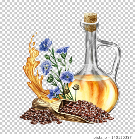 Flaxseed oil. Hand-drawn watercolor illustration. Glass bottle of oil, flax seeds in a wooden scoop, flax flowers, and a splash of oil. Element of label and packaging design, posters, and more. Flaxseed oil. Hand-drawn watercolor illustration. Glass bottle of oil, flax seeds in a wooden scoop, flax flowers, and a splash of oil. Element of label and packaging design, posters, and more. 140130357