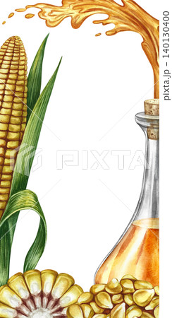 Corn oil frame. Hand-drawn watercolor illustration. Corn on the cob, oil in a glass bottle, and oil splashes. Perfect for creating product labels, posters and banners, menus, postcards, and more. Corn oil frame. Hand-drawn watercolor illustration. Corn on the cob, oil in a glass bottle, and oil splashes. Perfect for creating product labels, posters and banners, menus, postcards, and more. 140130400