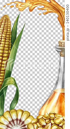 Corn oil frame. Hand-drawn watercolor illustration. Corn on the cob, oil in a glass bottle, and oil splashes. Perfect for creating product labels, posters and banners, menus, postcards, and more. Corn oil frame. Hand-drawn watercolor illustration. Corn on the cob, oil in a glass bottle, and oil splashes. Perfect for creating product labels, posters and banners, menus, postcards, and more. 140130400