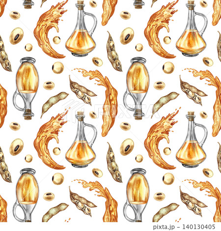 Seamless pattern with soybean oil. Hand-drawn watercolor illustration. Bottles of oil, soybeans, pods, and oil splashes. Perfect for textiles, labels and prints, decor, packaging, and more. 140130405