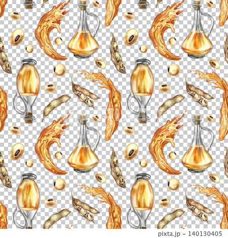 Seamless pattern with soybean oil. Hand-drawn watercolor illustration. Bottles of oil, soybeans, pods, and oil splashes. Perfect for textiles, labels and prints, decor, packaging, and more. 140130405